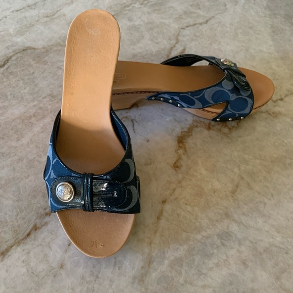 Vintage Coach Wooden Heeled Slides Size 9B Blue - Picture 1 of 13